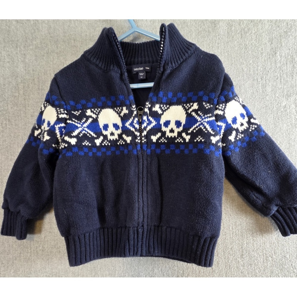 Baby Gap Cardigan Boys 2T Fair Isle Skull Skeleton Graphic Print Halloween Navy